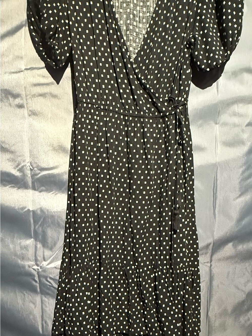 Knox Rose Black Dress with White Square Dot Print - Wrap Midi